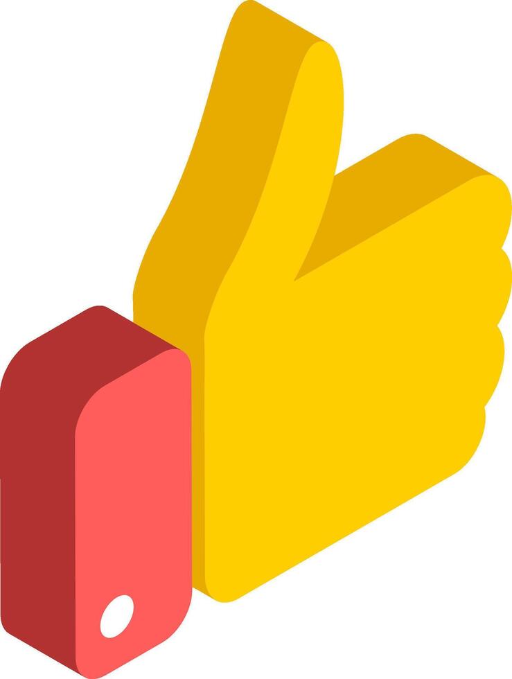Yellow hand with red sleeve giving thumbs up in isometric view expressing positive feedback, agreement, approval, or liking, representing satisfaction and positive reaction vector