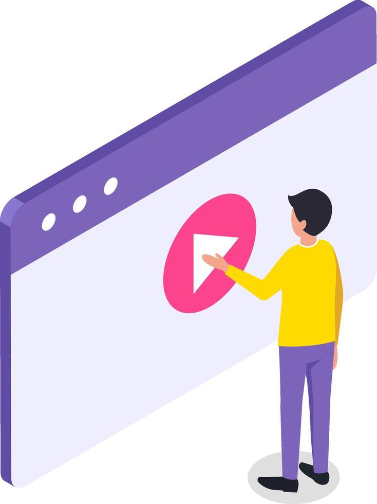 Isometric illustration depicting a man interacting with a play button on a website or app page, representing online streaming and user experience design vector