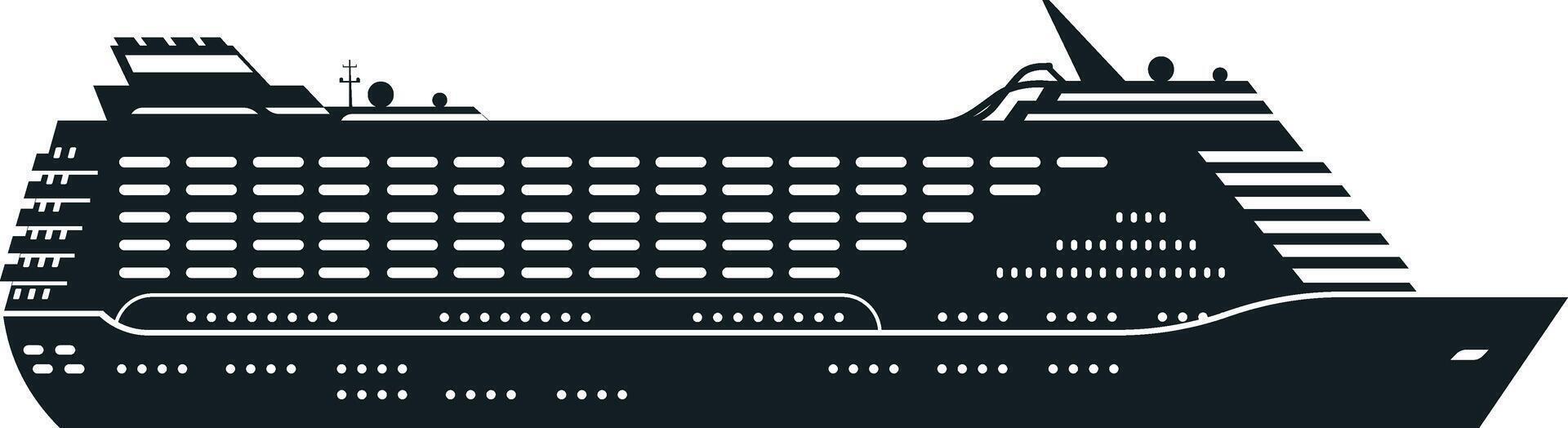 Detailed silhouette of a modern cruise ship showcasing its sleek design and multiple decks. Ideal for travel, tourism, and maritime themes, emphasizing luxury and adventure vector