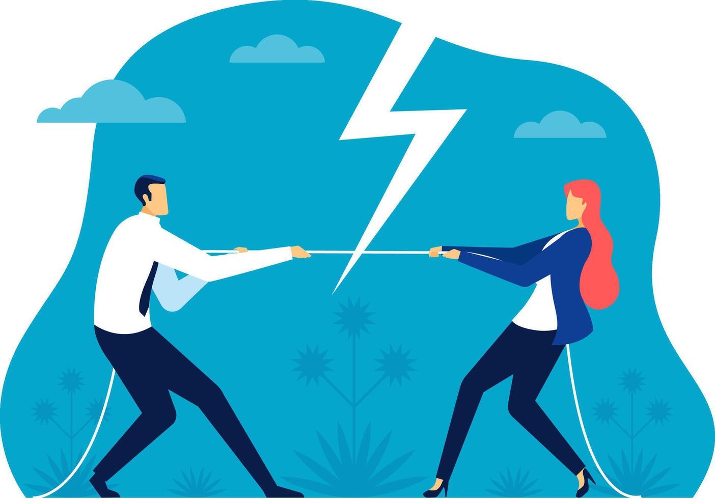Businessman and businesswoman engaged in a tug of war competition, pulling a rope while a lightning bolt symbolizes the intense conflict and rivalry often found in the business world vector