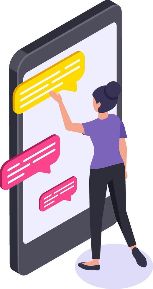 Woman interacting with oversized smartphone screen, engaging with colorful chat bubbles. Represents modern digital communication, technology use, and social media interaction vector