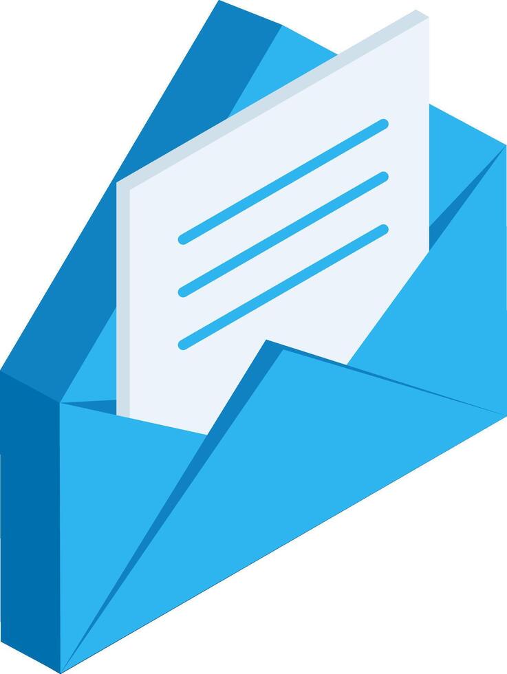 Open blue envelope containing a letter with some writing on it, rendered in isometric projection, representing communication, messaging and mailing vector