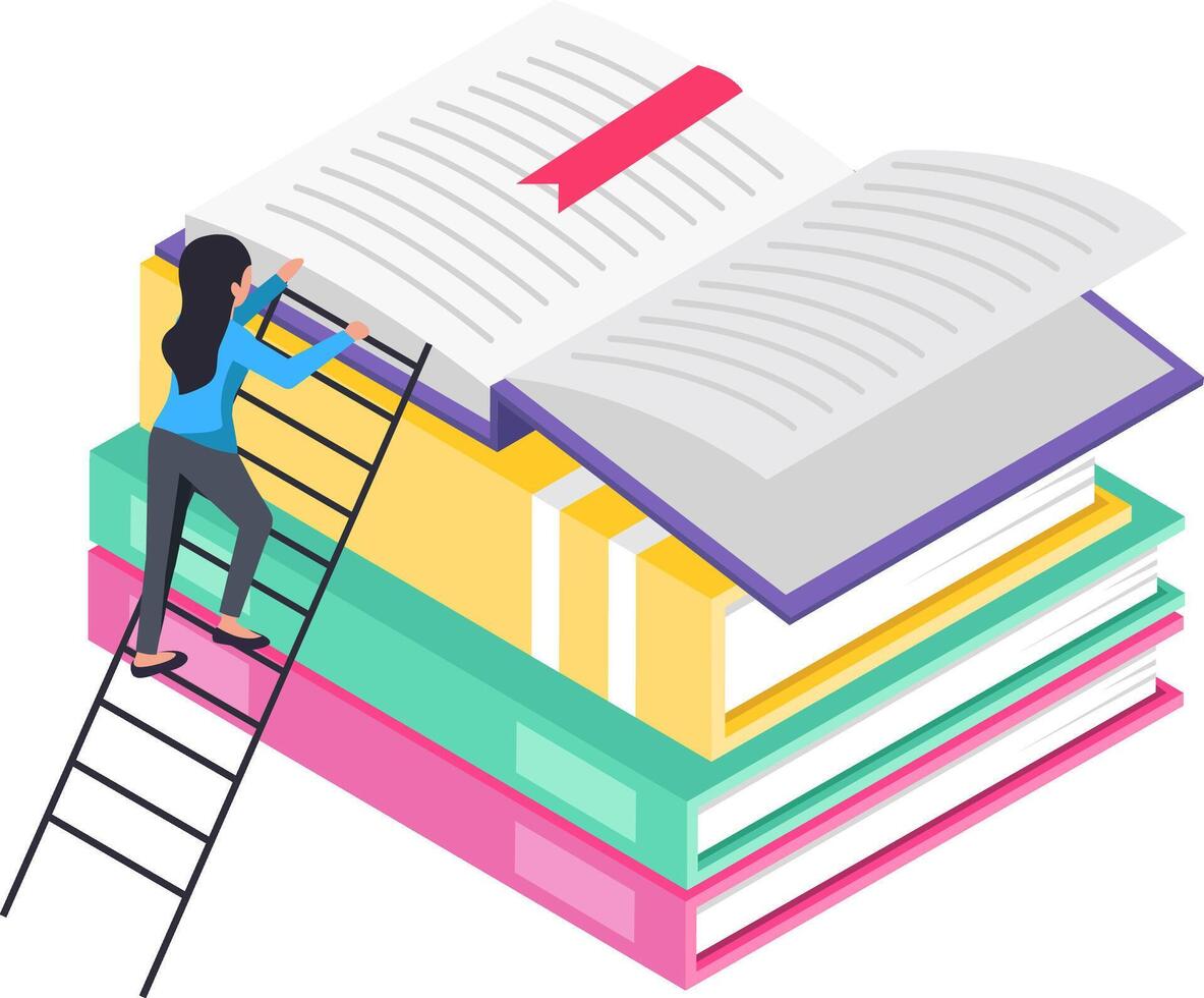 Student climbing a ladder to reach a large open book placed on top of a stack of colorful books, symbolizing the pursuit of knowledge and academic achievement vector