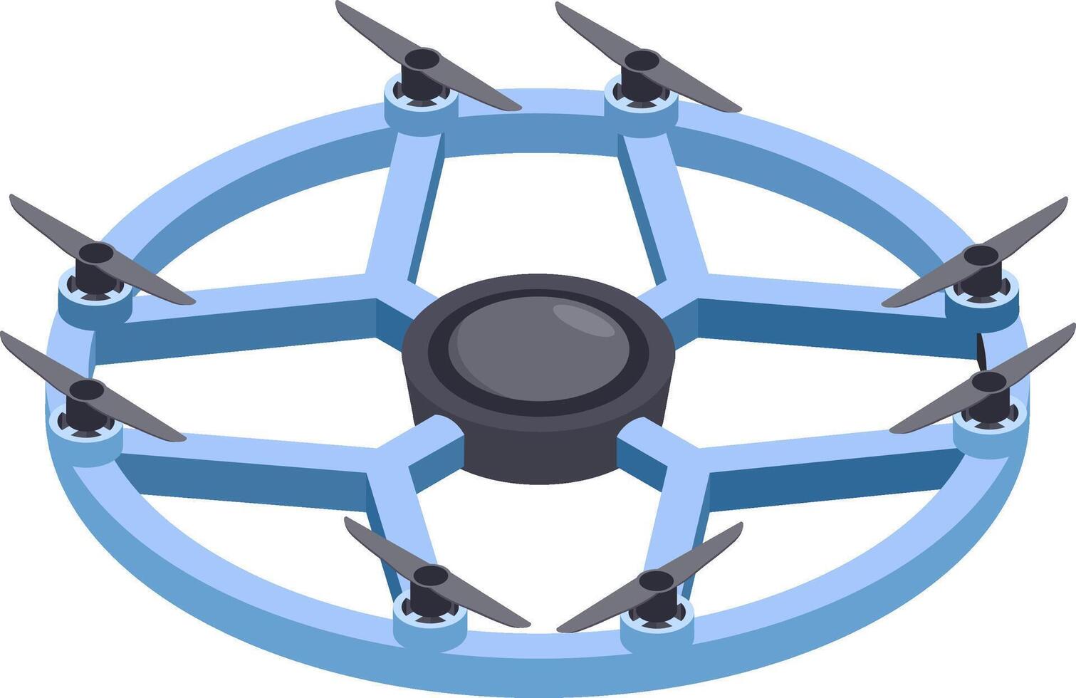 Futuristic circular drone featuring six propellers, hovering effortlessly and illustrating cutting edge aerial technology and innovation in unmanned flight systems and operations vector