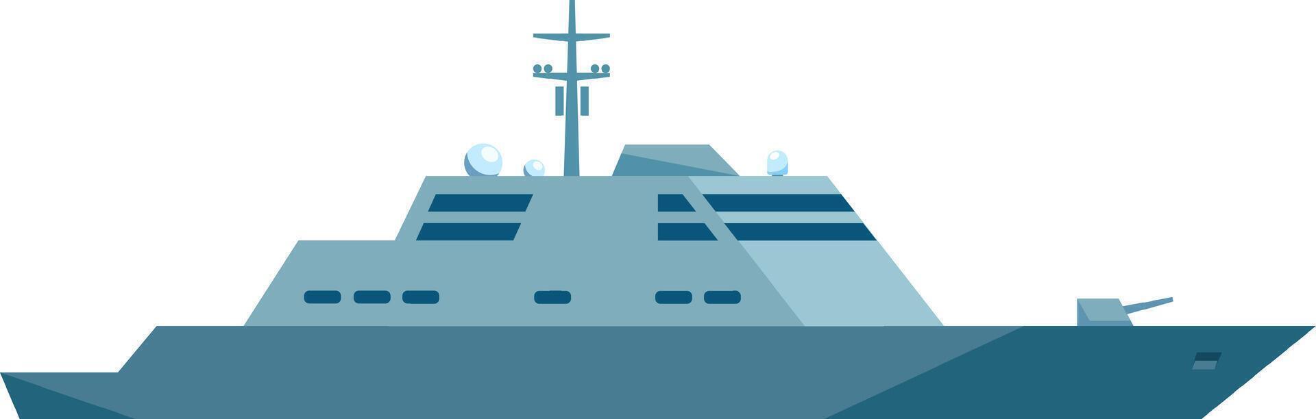 Stealthy warship gliding across a tranquil ocean, showcasing maritime military strength with advanced radar and sophisticated weaponry systems, exemplifying naval power and defense capabilities vector