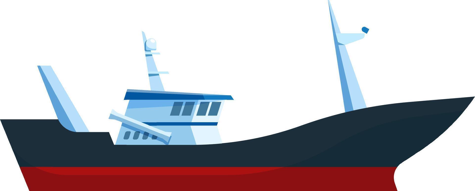 Fishing trawler navigating the open sea, featuring outriggers and antennas, presented in a detailed illustration against a clean white background vector