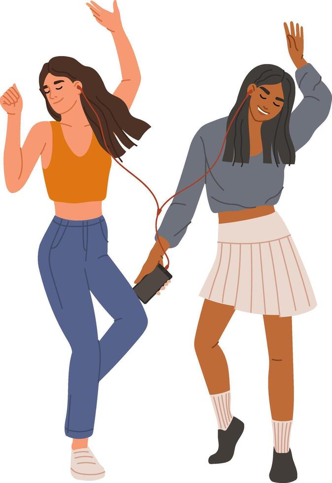 Two diverse female friends wearing earphones and joyfully dancing while listening to music from a smartphone, celebrating friendship and enjoying their time together vector