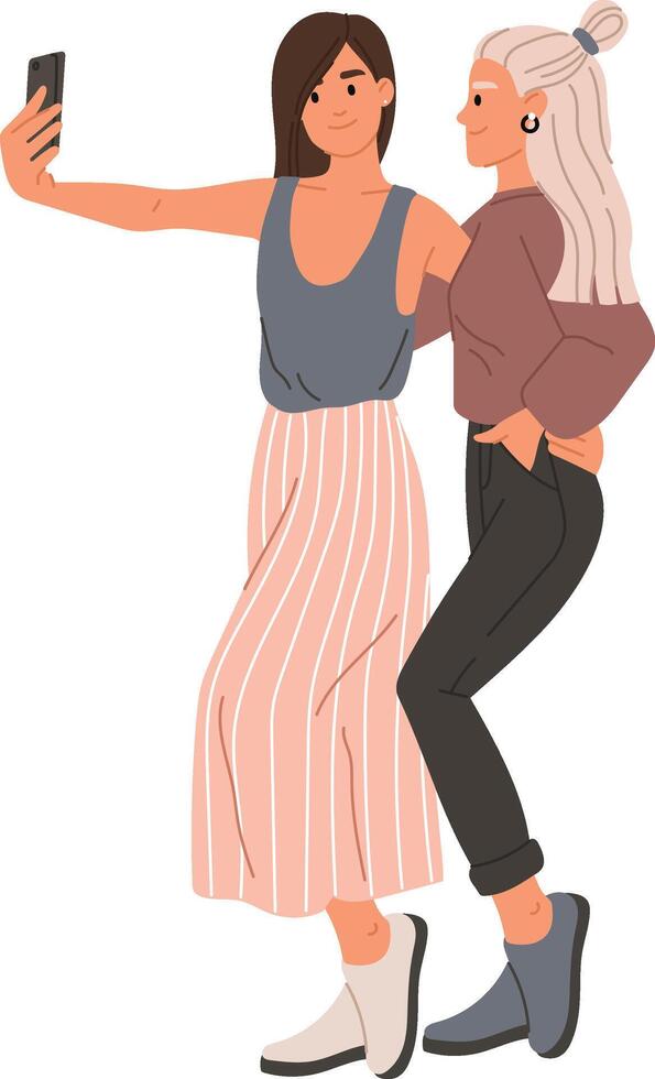 Two cheerful female friends are taking a selfie together, embracing and smiling, capturing a moment of friendship and joy with a smartphone vector
