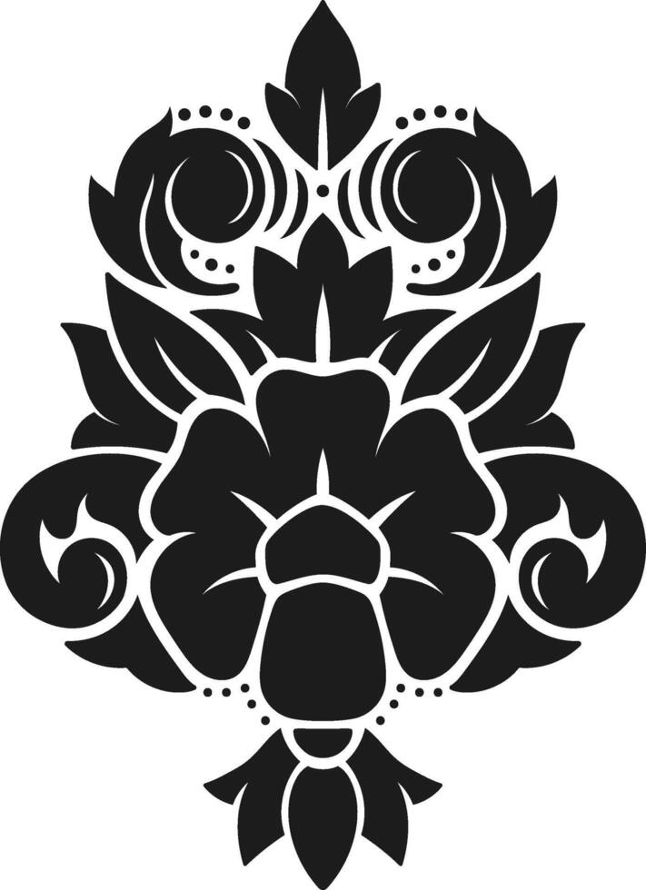 Classic symmetrical black damask floral pattern featuring decorative swirls, leaves, and dots, isolated on a white background, evoking a sense of luxury, elegance, and sophistication vector
