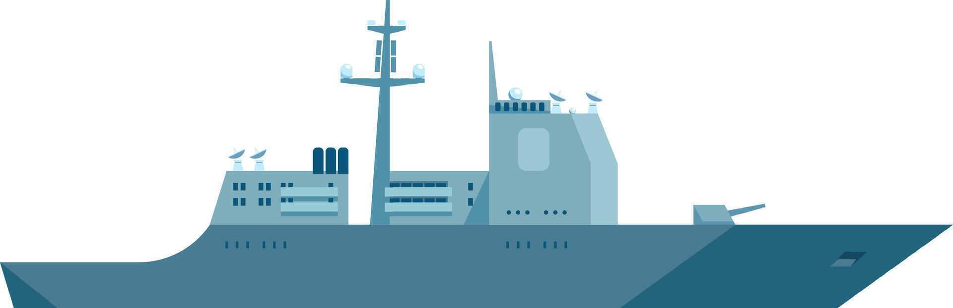 Modern warship equipped with radar, antenna, and weapon systems is patrolling the sea, ensuring maritime security and readiness for potential threats vector