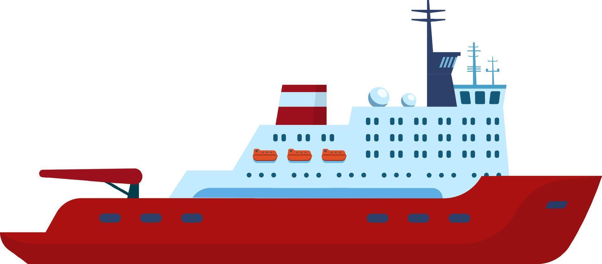 Large icebreaker ship navigating through the Arctic Ocean, breaking ice floes with cranes and lifeboats, designed for exploration and research in extreme conditions vector