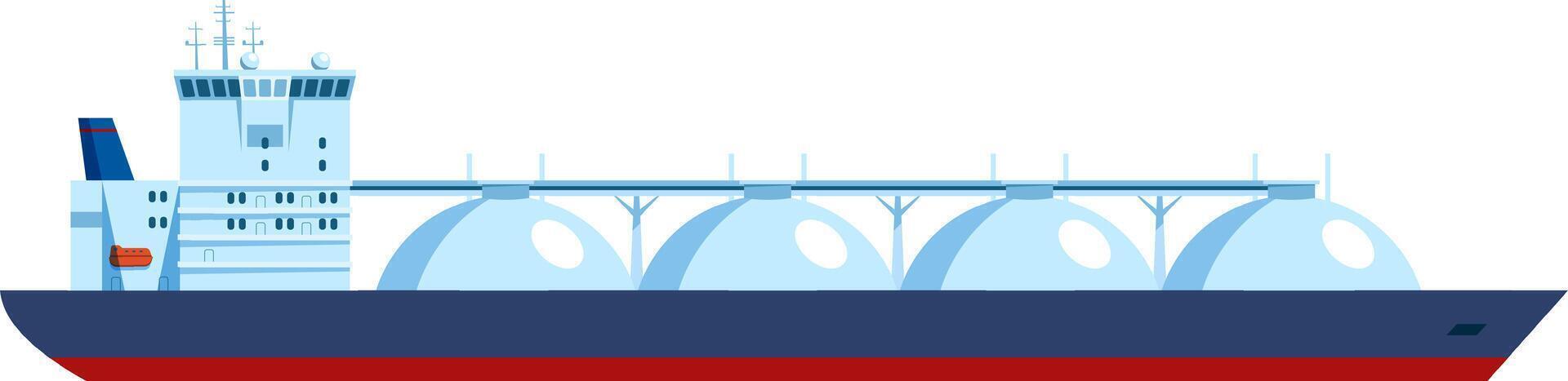 Side view of a large LNG tanker ship sailing across blue waters, transporting liquefied natural gas. Representing global trade and energy dynamics in the maritime industry vector