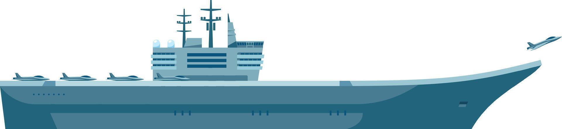 Powerful navy ship sailing on the ocean with fighter jets taking off and landing from the flight deck, showcasing military force and naval aviation capabilities vector