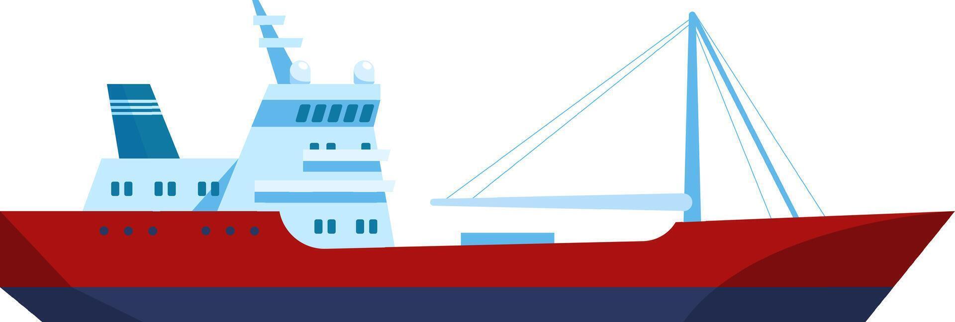 Red and blue fishing boat sailing on the open sea, equipped with a sturdy fishing mast, preparing for an exciting day of fishing activities and maritime adventures vector