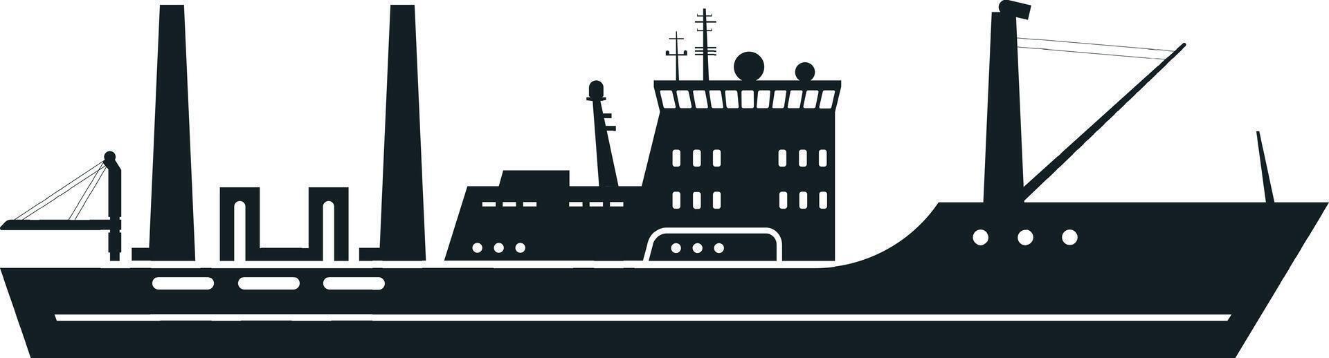 Black silhouette of a fishing boat sailing on the sea, minimalist illustration of a maritime vessel with bridge, crane, smokestack and antenna isolated on white background vector