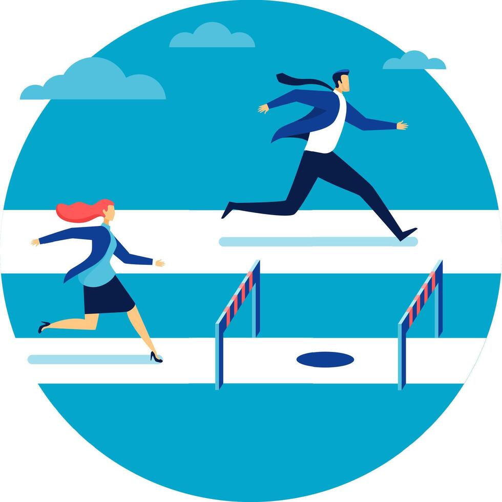 Businessman running on easy path while businesswoman facing hurdles and pitfalls representing gender gap and inequality in corporate business world vector