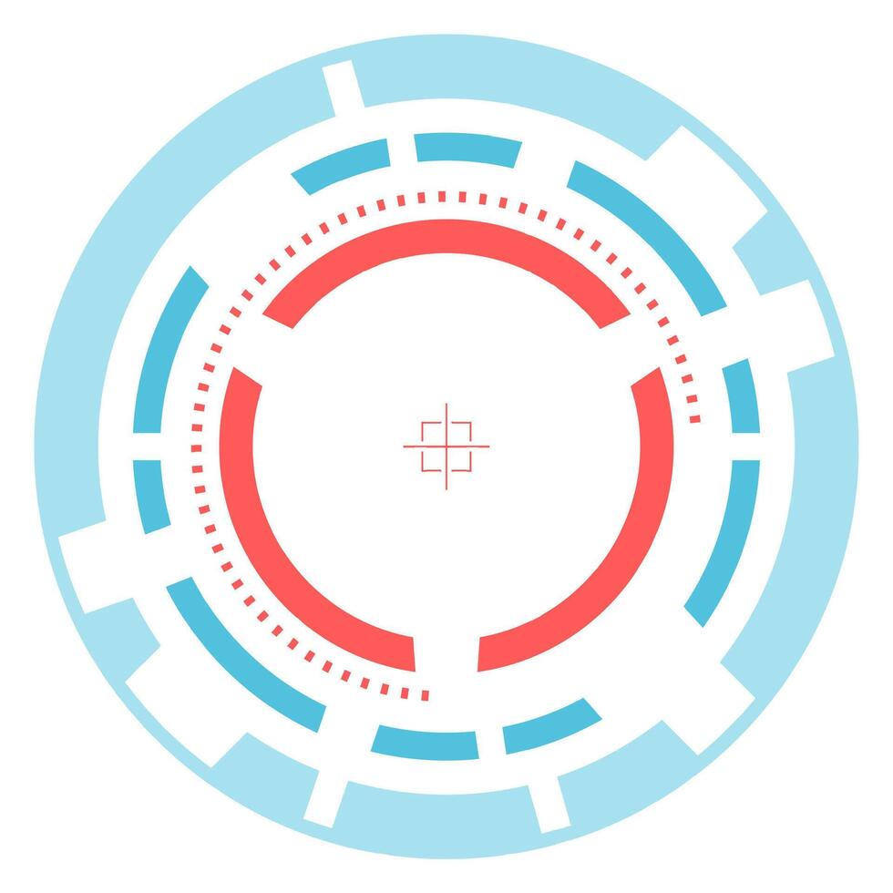 Futuristic loading target icon with red and light blue concentric circles and a crosshair in the center, symbolizing progress, technology, and aiming, suitable for user interfaces or game design vector