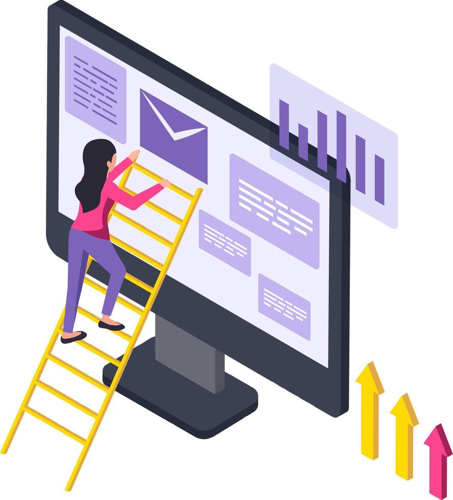 Woman climbs a ladder to interact with digital content on a large computer screen, symbolizing ambition and growth in a digital workspace. Arrows indicate upward progress and success vector