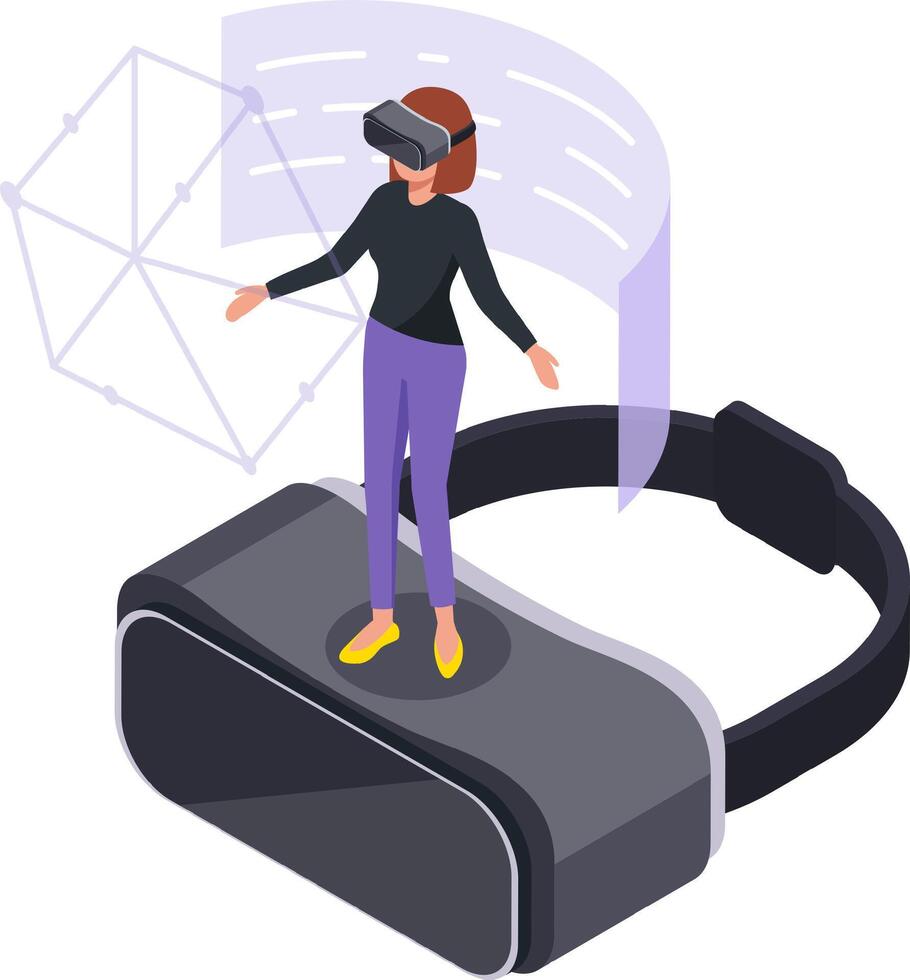 Woman wearing a vr headset interacting with a virtual environment, experiencing augmented reality, exploring metaverse and connecting to a virtual world vector