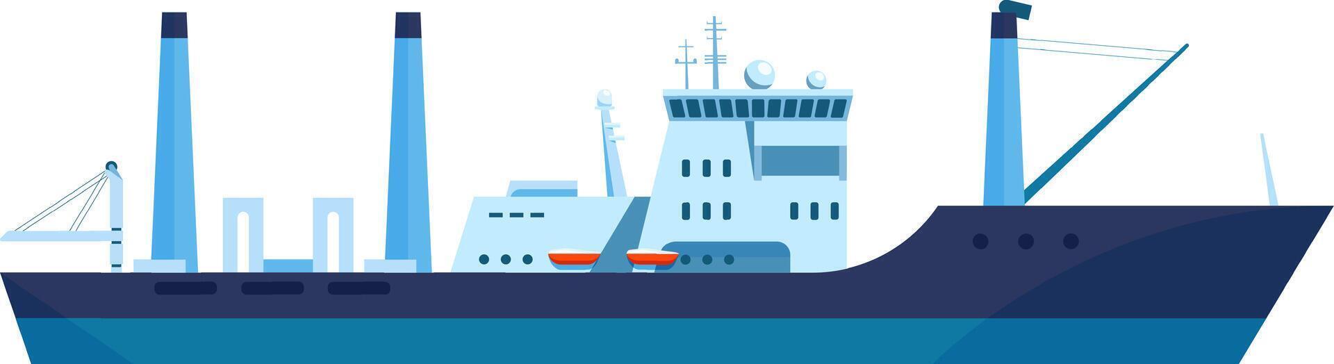 Large fishing boat sailing across the ocean under a clear blue sky, equipped with advanced technology and prepared for an exciting and productive fishing expedition vector
