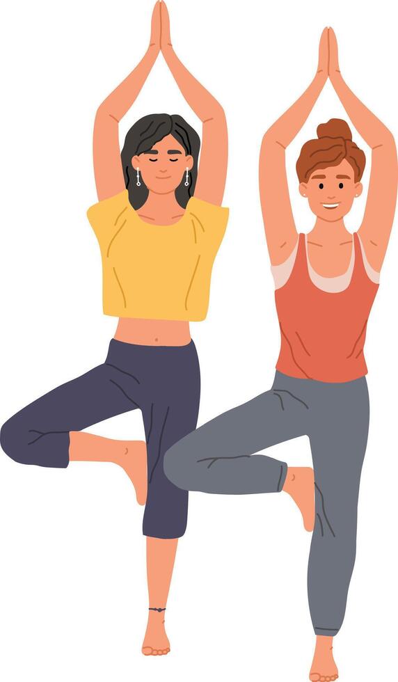 Two women are performing the tree pose, a balancing asana in yoga, promoting stability, focus, and inner peace, with hands joined above their heads and one leg resting on the opposite thigh vector