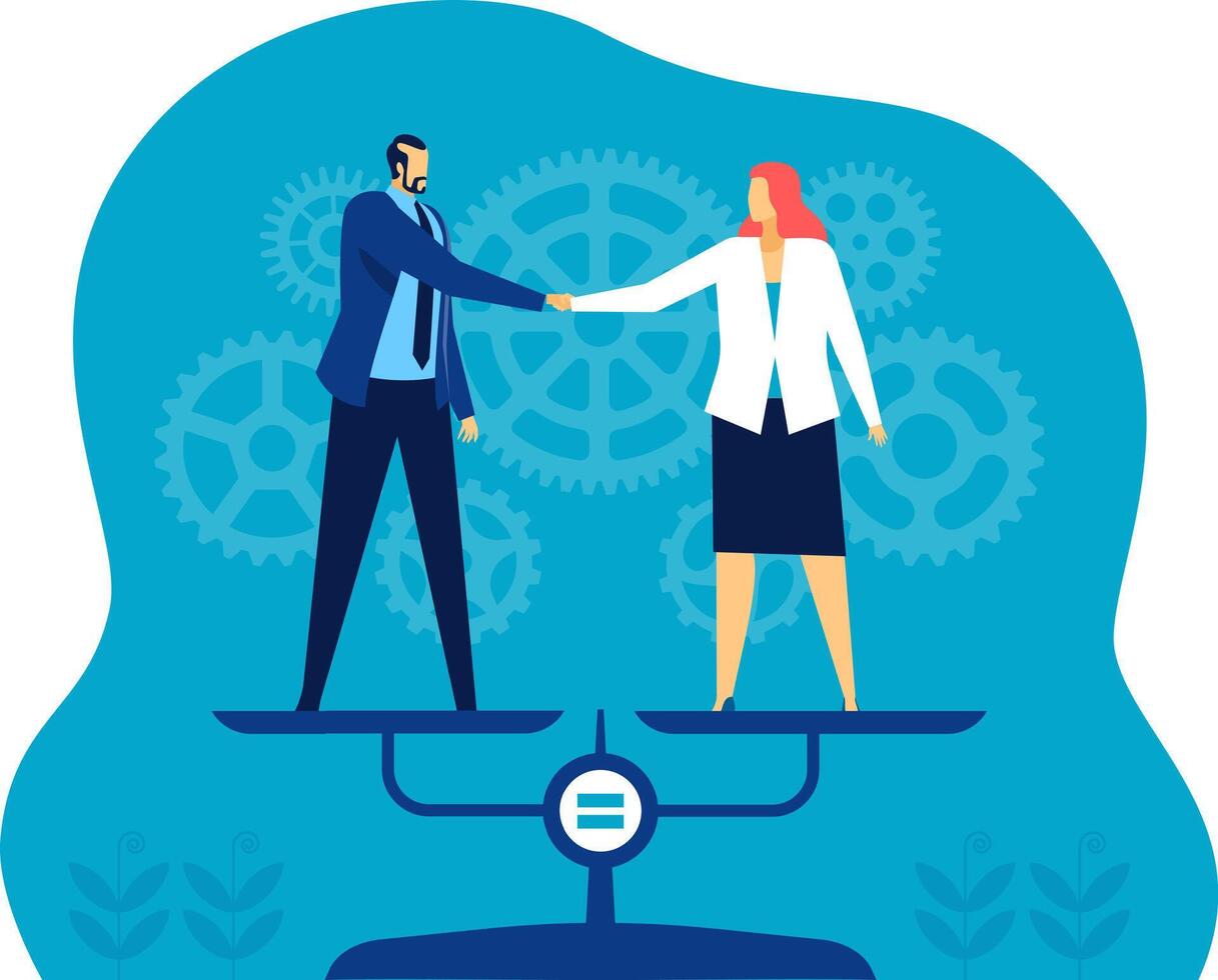 Businessman and businesswoman shaking hands while standing in equilibrium on a balanced scale with gears in the background, representing gender equality in business and equal opportunities vector