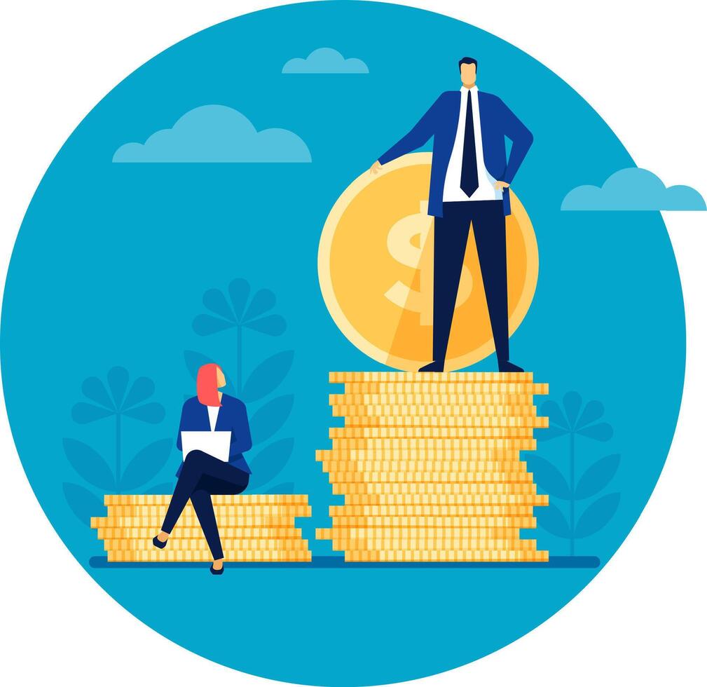 Businessman and businesswoman with different salaries, demonstrating gender inequality and discrimination in payment, bigger coin as symbol of higher wage vector