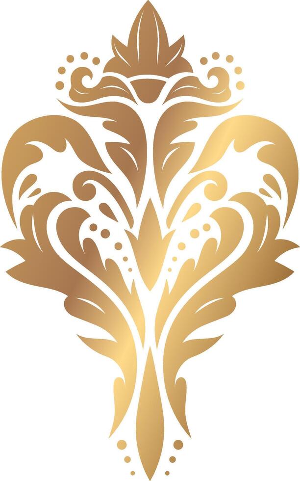 Intricate gold floral pattern showcasing a symmetrical design with elegant curves and decorative elements, perfect for luxury branding, invitations, or interior decor inspiration vector