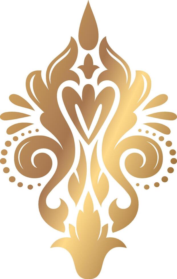 Golden damask ornament elegantly decorating a white background, enhancing luxury design projects, invitations, cards, and premium packaging with a touch of vintage sophistication vector