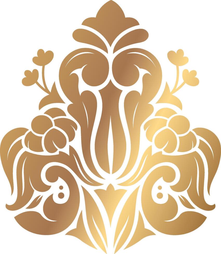 Luxurious golden damask floral ornament elegantly embellishing a pristine white background, creating a sophisticated and refined design that exudes classic vintage charm vector