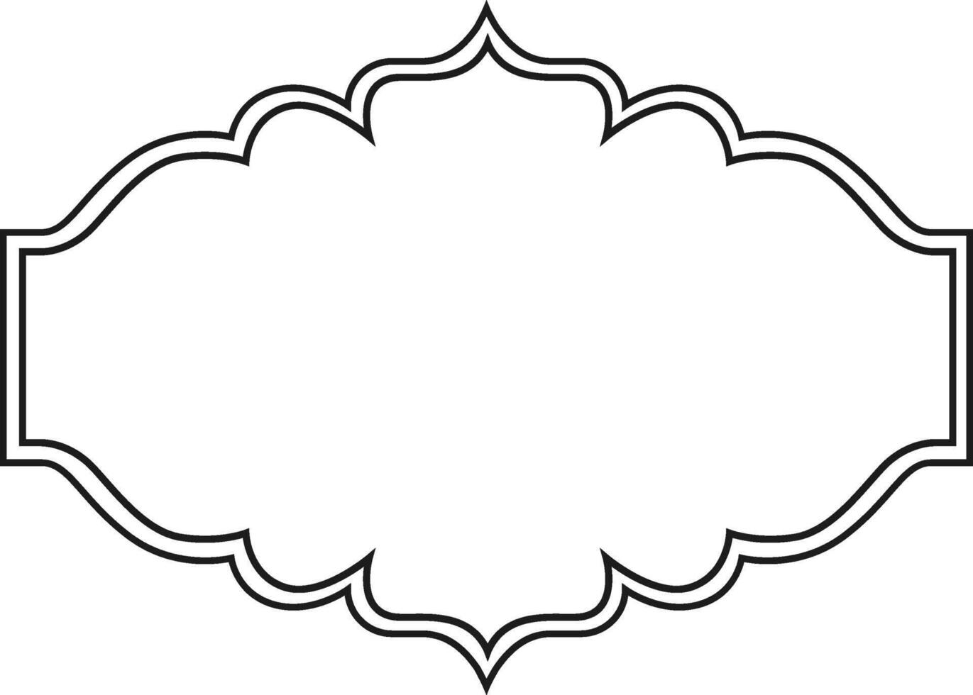 Intricate black outline of a decorative frame featuring symmetrical curves and points, ideal for labels or invitations. The center space is left blank for customizable text or design vector