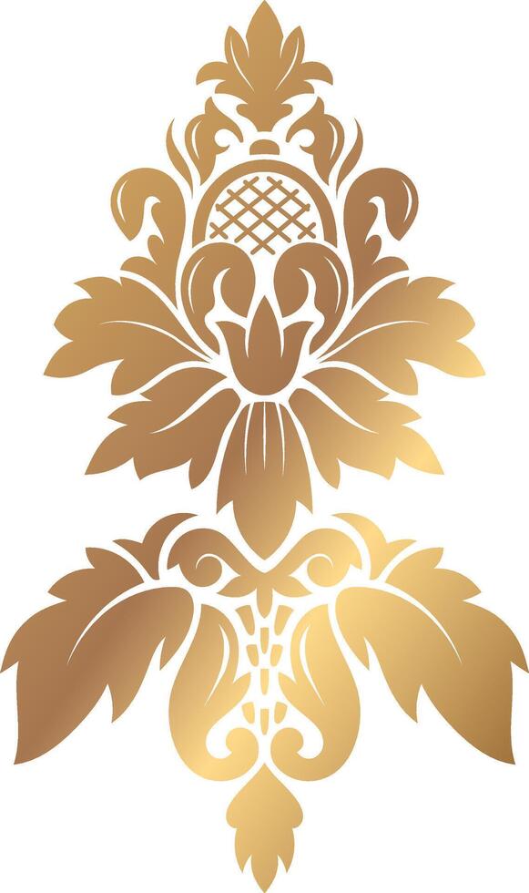 Luxurious golden damask floral ornament featuring a stunning gradient effect, exuding sophistication and elegance against a pristine white background, perfect for various design applications vector