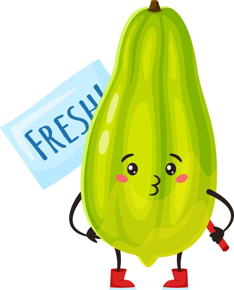 Cartoon illustration featuring a fresh chayote character joyfully holding a sign and a red marker, promoting the benefits of healthy eating and fresh produce for a vibrant lifestyle vector