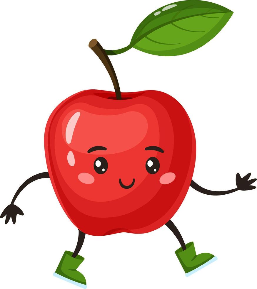 Cute and cheerful red apple cartoon character walking in vibrant green boots, radiating happiness and playfulness, ideal for promoting healthy eating and engaging children's illustrations vector