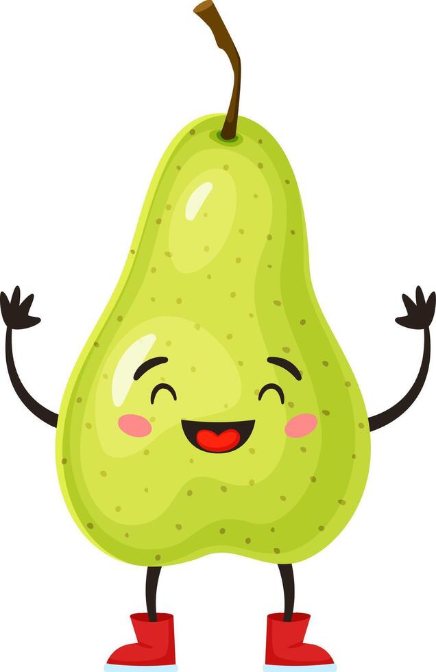 Funny cartoon illustration of a happy green pear wearing red boots, waving and smiling, isolated on white background, ideal for healthy eating and children projects vector