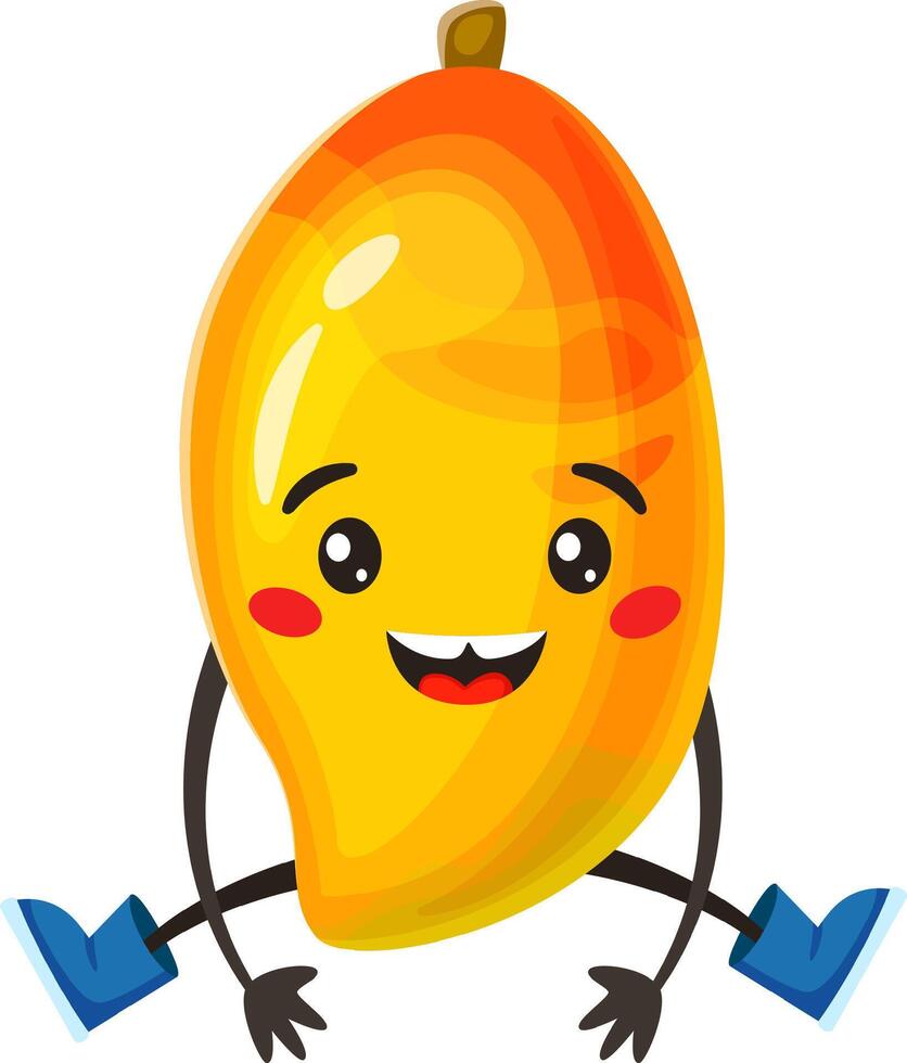 Cartoon illustration of a happy mango character sitting with its legs apart, wearing blue boots and smiling, conveying joy and positive emotions vector