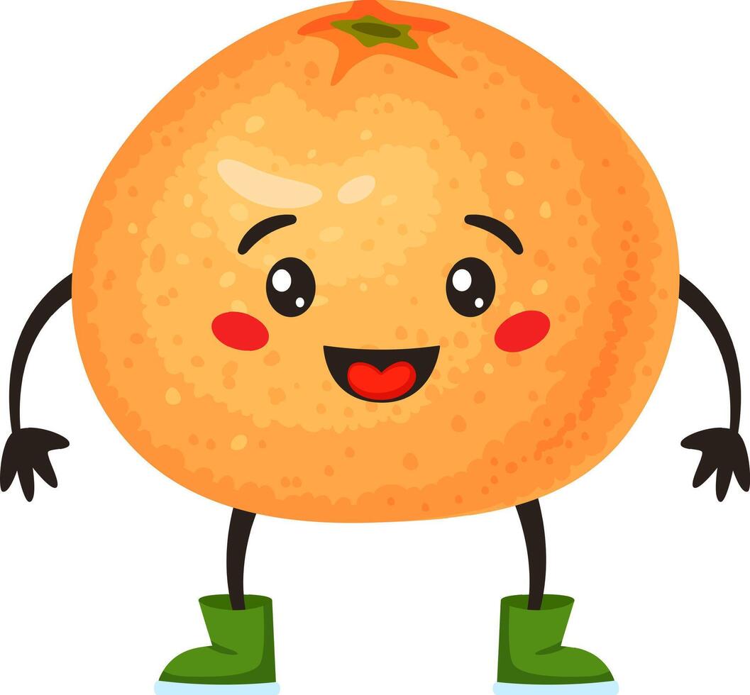 Cartoon orange fruit character sporting cheerful green boots and a joyful smiling face, embodying healthy eating ideals and appealing to children's projects and activities vector