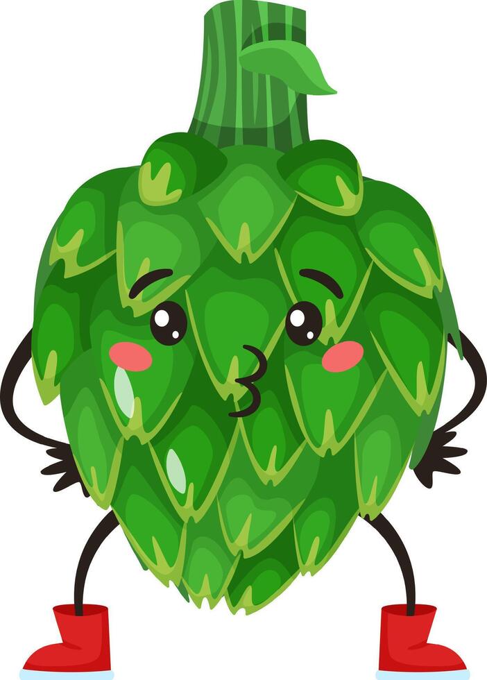 Cartoon artichoke character blowing a kiss, wearing red boots, isolated on a white background, ideal for healthy food and vegan lifestyle projects vector