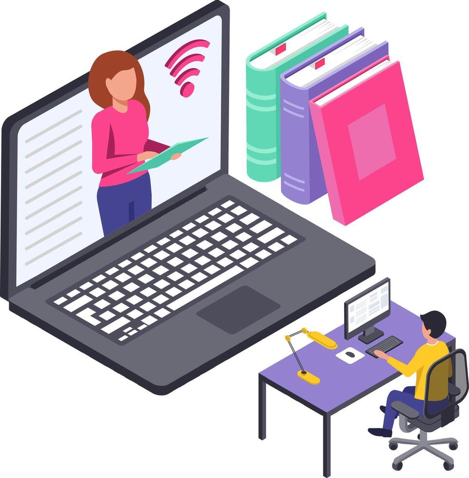 Isometric illustration representing a student attending an online lesson using a laptop and a desktop computer, with a teacher explaining and some books nearby vector