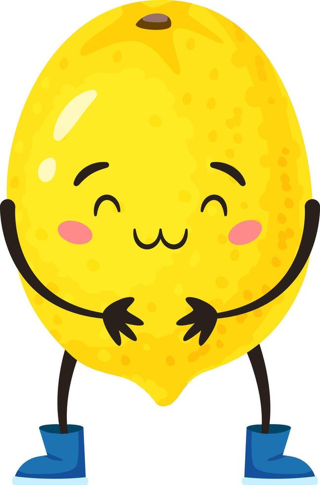 Cartoon illustration of a happy lemon character hugging itself, wearing blue boots, isolated on white background, ideal for healthy eating and wellbeing concepts vector