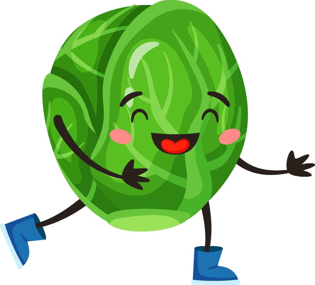 Happy brussels sprout character joyfully walking and laughing while wearing cute blue boots, spreading positivity and good vibes with its cheerful and playful demeanor vector