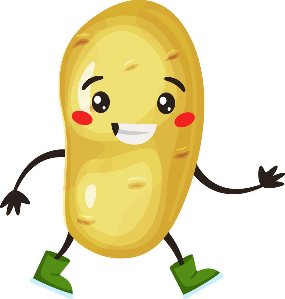 Cheerful, anthropomorphic potato with rosy cheeks, wearing green boots, is happily walking and extending a hand in greeting, creating a friendly and whimsical scene vector