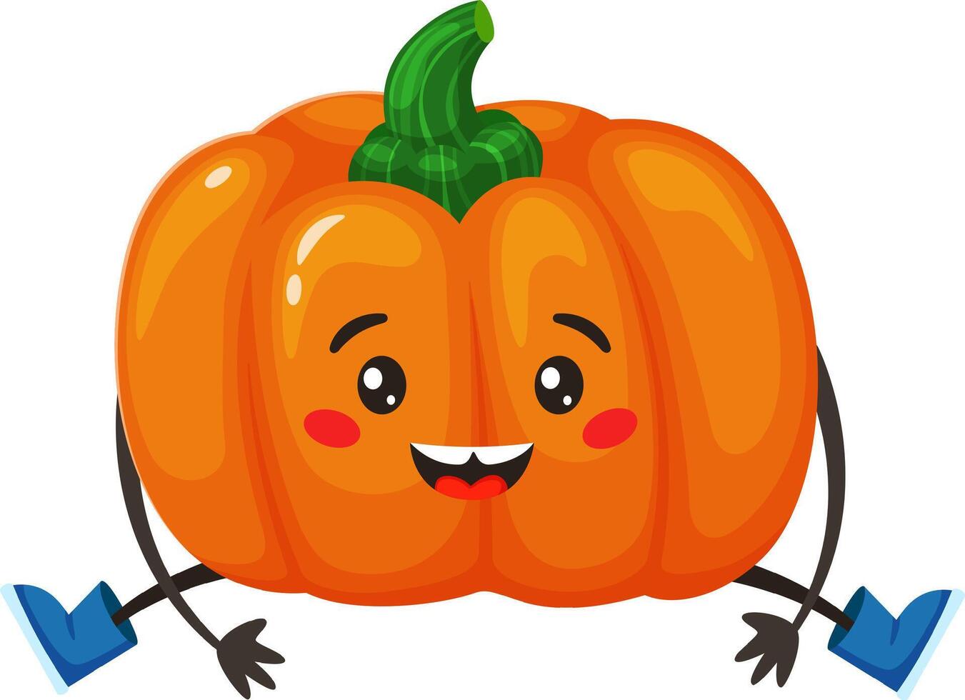 Cartoon illustration of a cheerful pumpkin character sitting with its legs spread wide apart, wearing blue boots and sporting a joyful expression vector