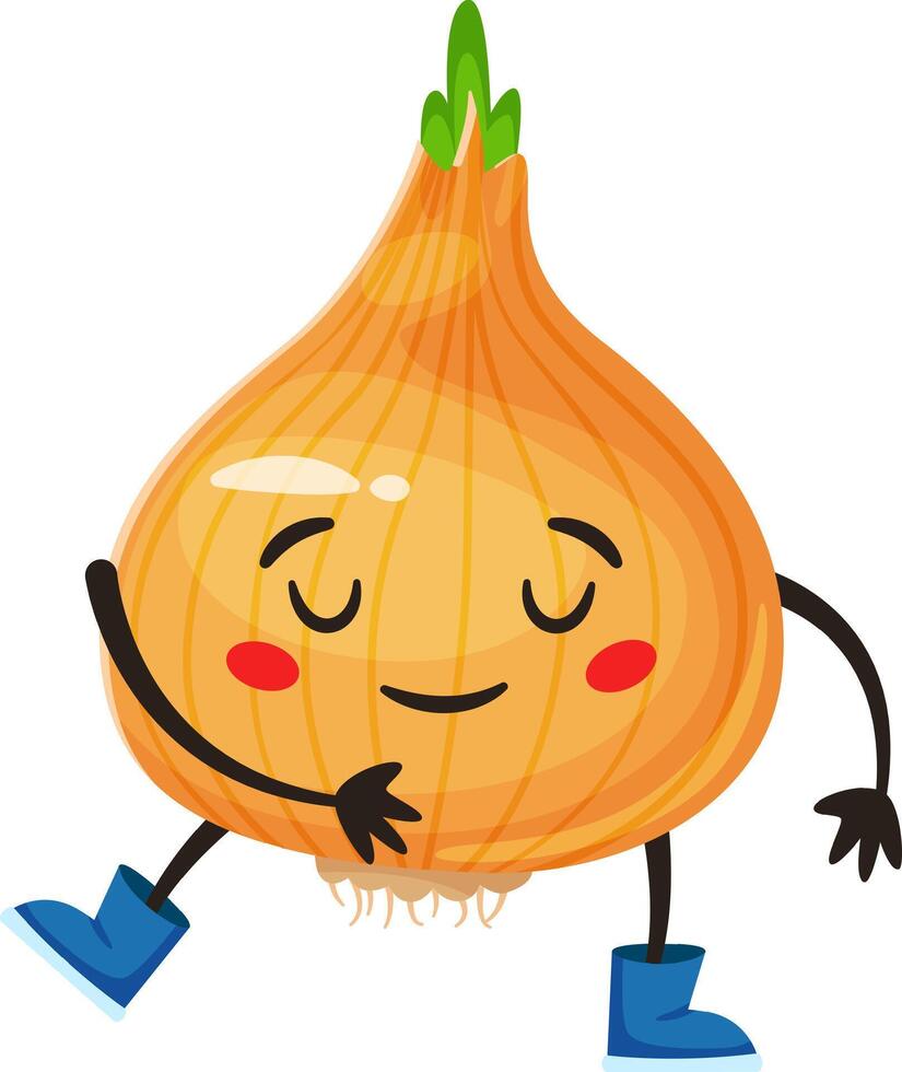 Cartoon onion character with closed eyes, wearing vibrant blue boots, relaxing and hugging itself while enjoying life, set against a clean white background vector
