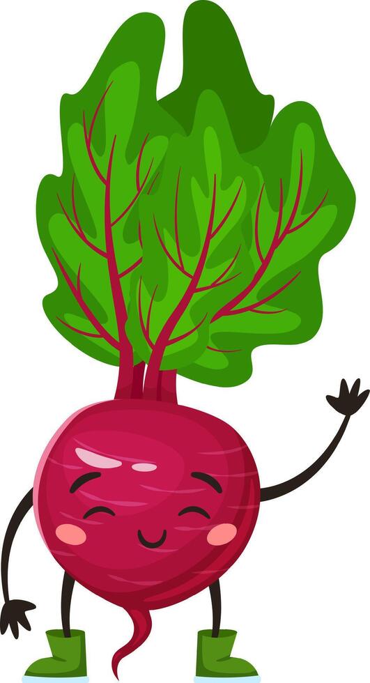 Cartoon beet with green boots and leaves waving with a smile on its face, representing healthy eating and promoting a cheerful and positive attitude towards vegetables vector