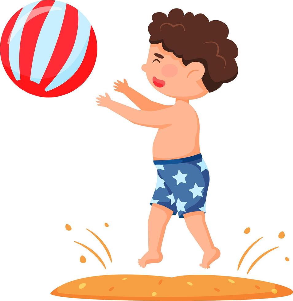 Cute little boy with curly hair wearing swimming trunks happily playing with beach ball on the sand, enjoying summer vacation and seaside resort vector