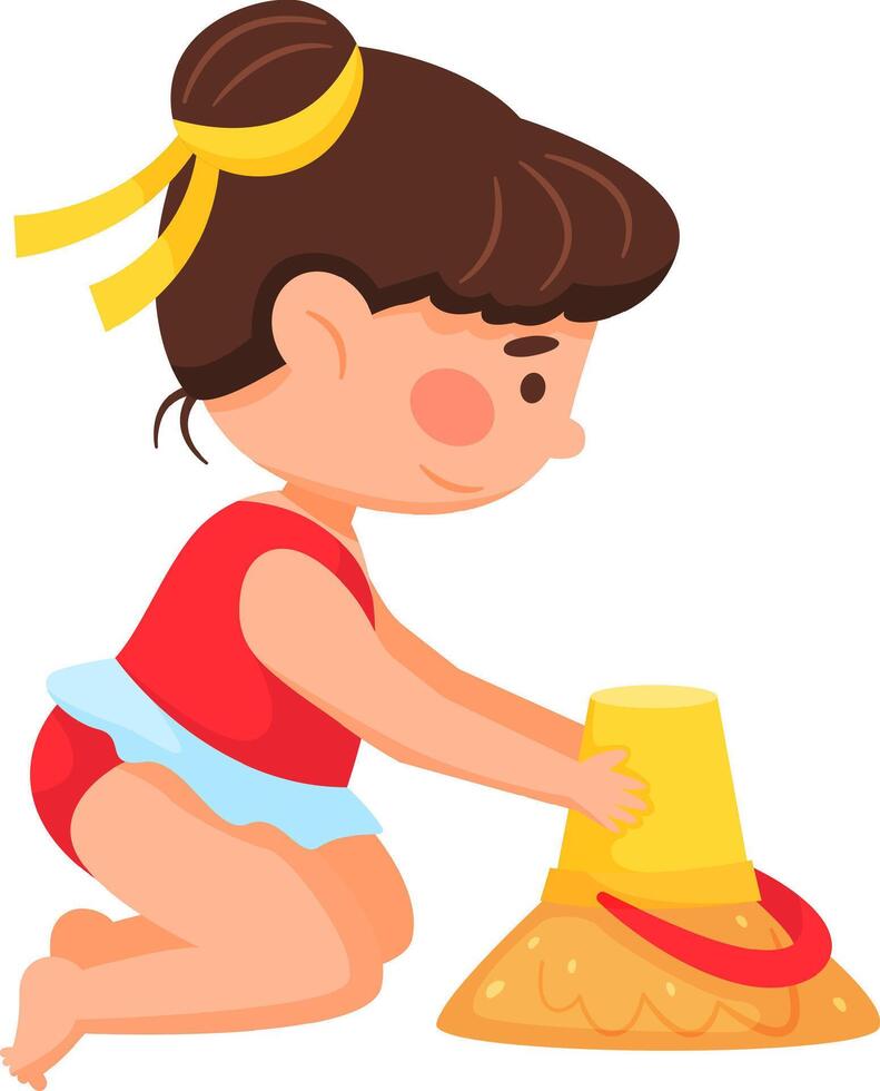Young girl in a red swimsuit is building a sandcastle with a yellow bucket. Her hair is tied with a yellow ribbon, illustrating playful summer fun at the seaside vector