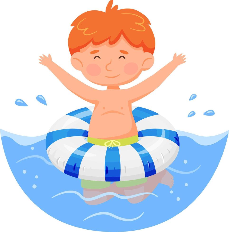 Redhead boy with arms up enjoying summer holidays playing with inflatable ring in a swimming pool, wearing green swimming trunks and having fun in the water vector