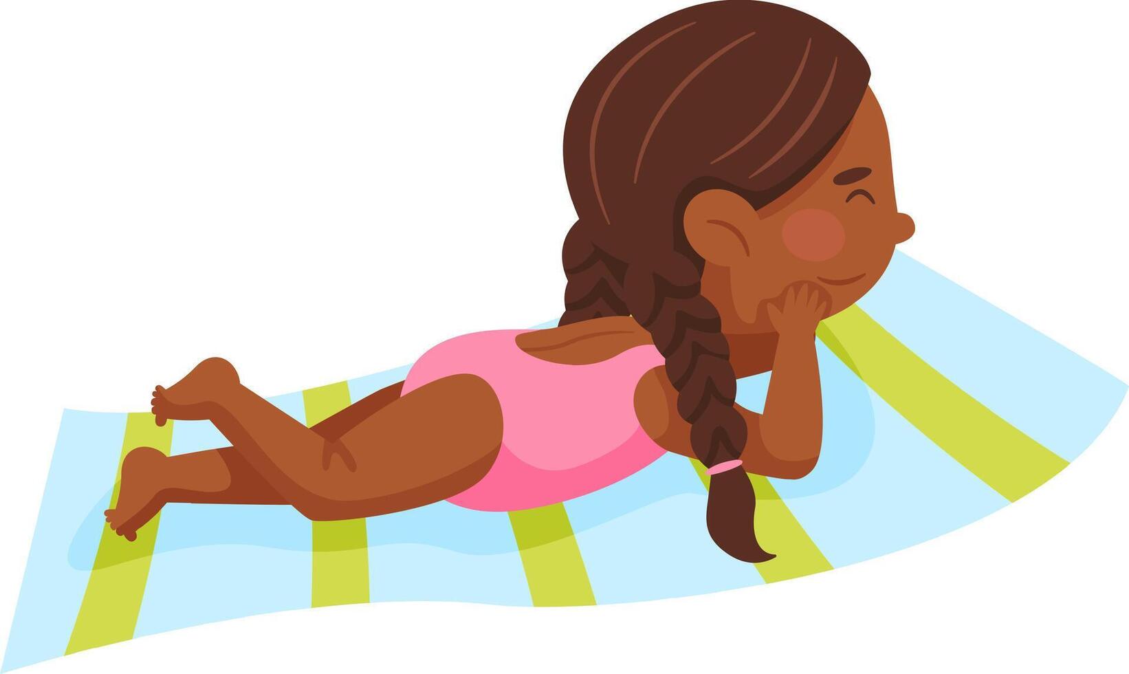 Young girl with braided hair enjoys a sunny day, lying on a colorful striped towel. She wears a pink swimsuit, embodying a carefree summer vibe, perfect for a beach or poolside setting vector