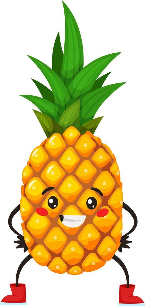 Cheerful, anthropomorphic pineapple character stands confidently with its hands on its hips, wearing bright red boots and sporting a joyful expression vector